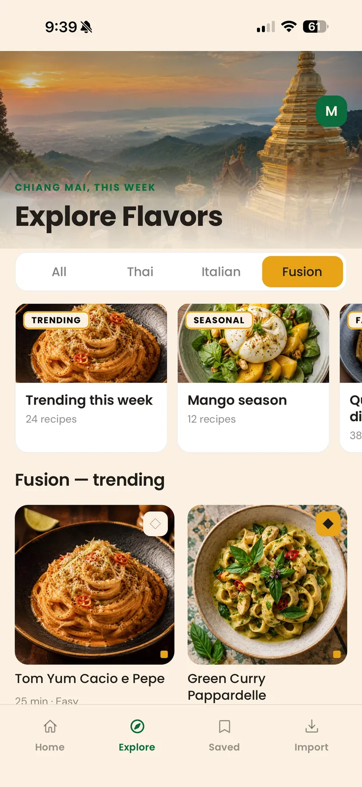 ThaItalian Explore screen, showing trending fusion recipes