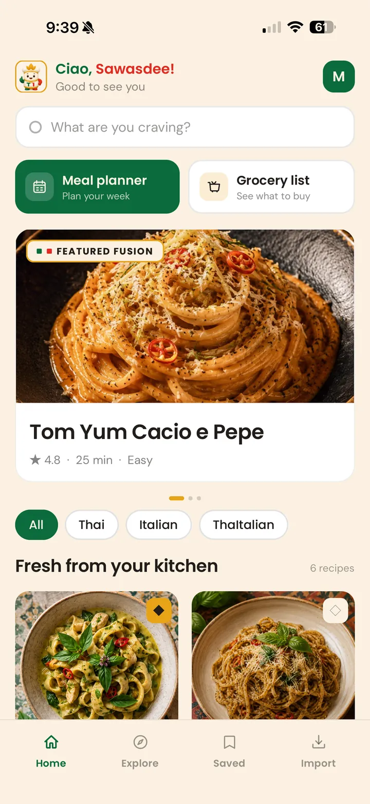 ThaItalian Home screen, with the meal planner, grocery list, and a featured fusion recipe